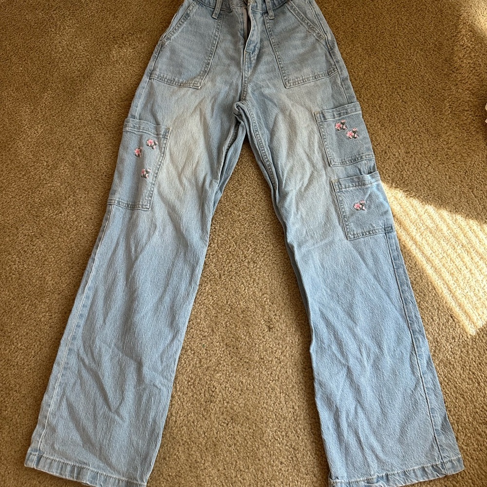 No Boundaries Light Blue Straight Leg Jeans with Pink Floral Embroidery